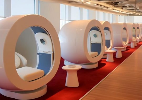 "Pods interactivos de estilo futurista en una oficina de Danish Airways, con un diseño inspirado en los artistas Takashi Murakami y Alexander Archipenko, en tonos blancos y rojos."