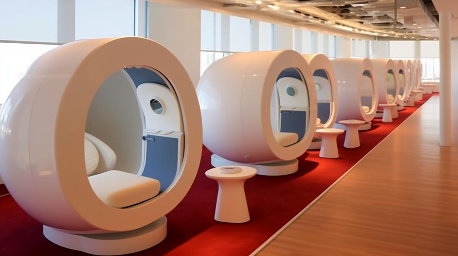 "Pods interactivos de estilo futurista en una oficina de Danish Airways, con un diseño inspirado en los artistas Takashi Murakami y Alexander Archipenko, en tonos blancos y rojos."