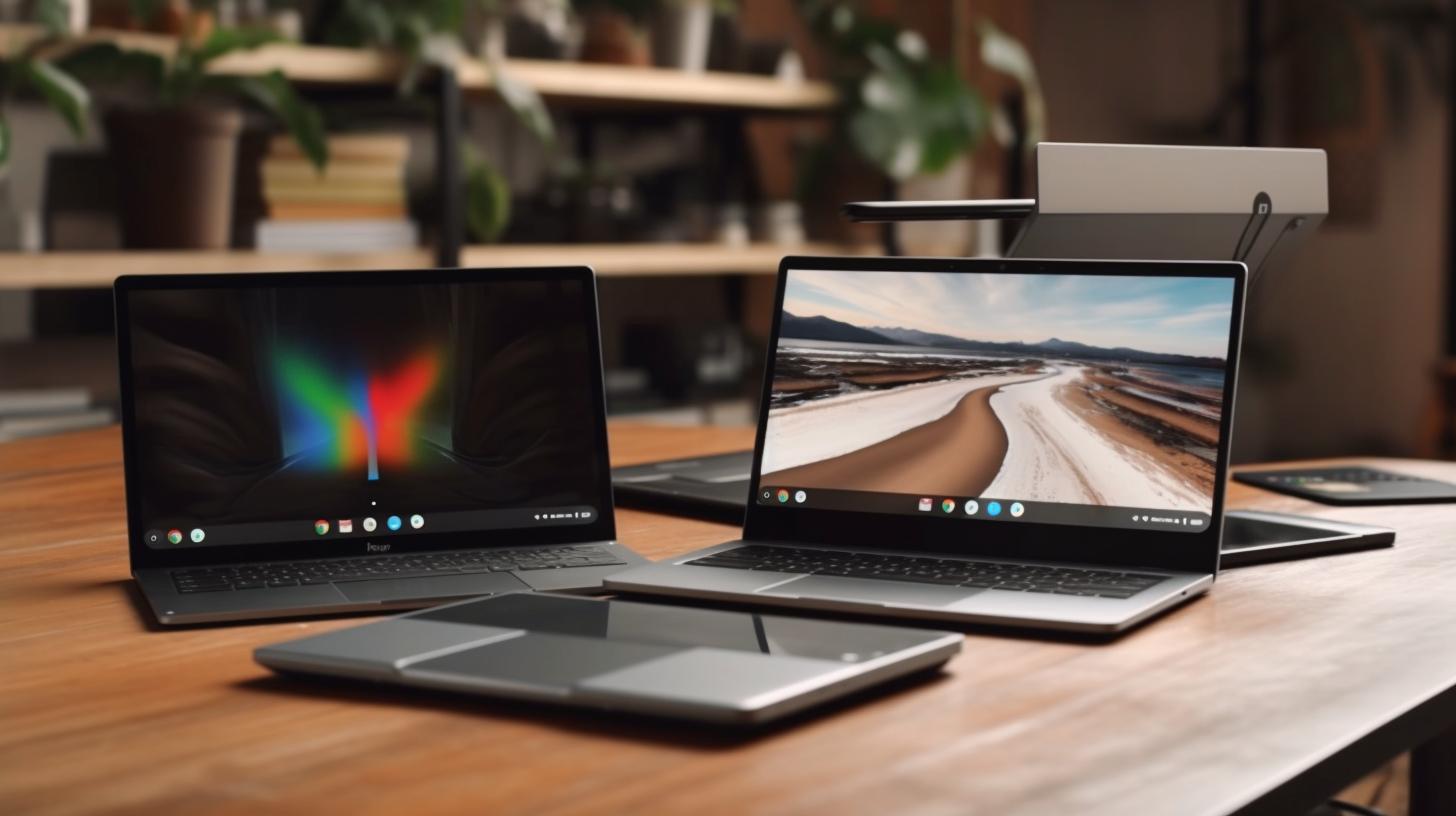 Dos laptops Chromebook colocadas sobre una superficie de madera, capturadas en un estilo de fotografía de lapso de tiempo, con un ambiente industrial y texturizado lleno de movimiento, moderno y elegante.