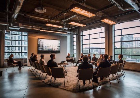 "Personas sentadas en sillas redondas en una sala de conferencias, con un ambiente industrial y colores grises claros y ámbar oscuro, reflejando una arquitectura sostenible y conexiones humanas."