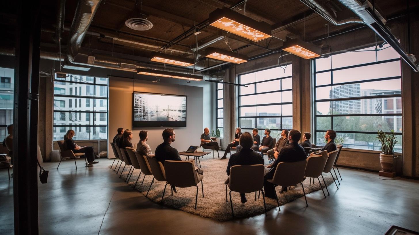 "Personas sentadas en sillas redondas en una sala de conferencias, con un ambiente industrial y colores grises claros y ámbar oscuro, reflejando una arquitectura sostenible y conexiones humanas."