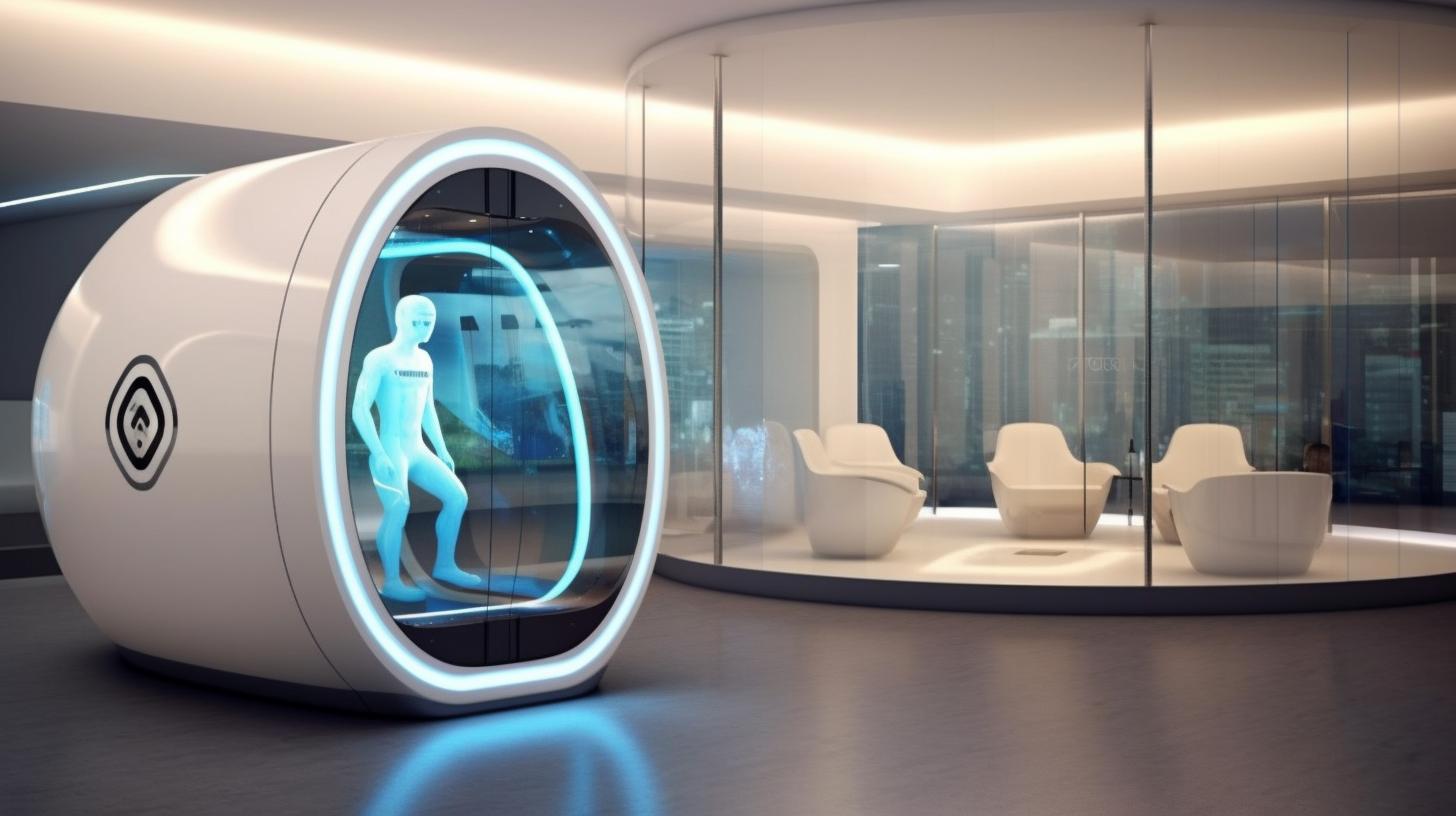 "Una máquina médica futurista ubicada en una oficina, presentada en un entorno que recuerda a un escenario, con un diseño minimalista y paneles de resina opaca, en un ambiente urbano y neomoderno."