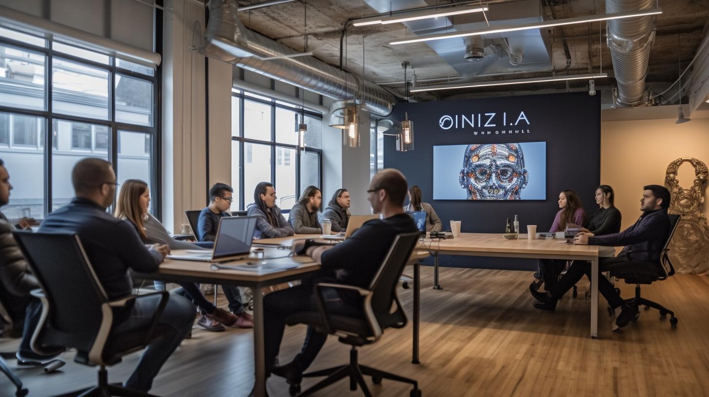 Una oficina de planta abierta con personas observando un video en línea, iluminada de manera atmosférica y emotiva, con motivos de calaveras al estilo de Unica Zürn.