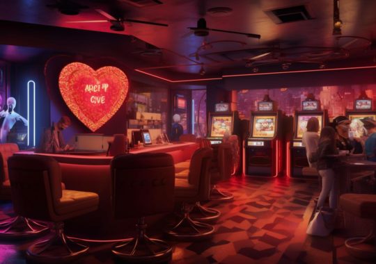"Un bar temático de San Valentín y videojuegos en el súper casino de Sydney, ilustrado de manera oscuramente romántica y fotorealista, evocando la atmósfera suave y nostálgica de la década de 1970."