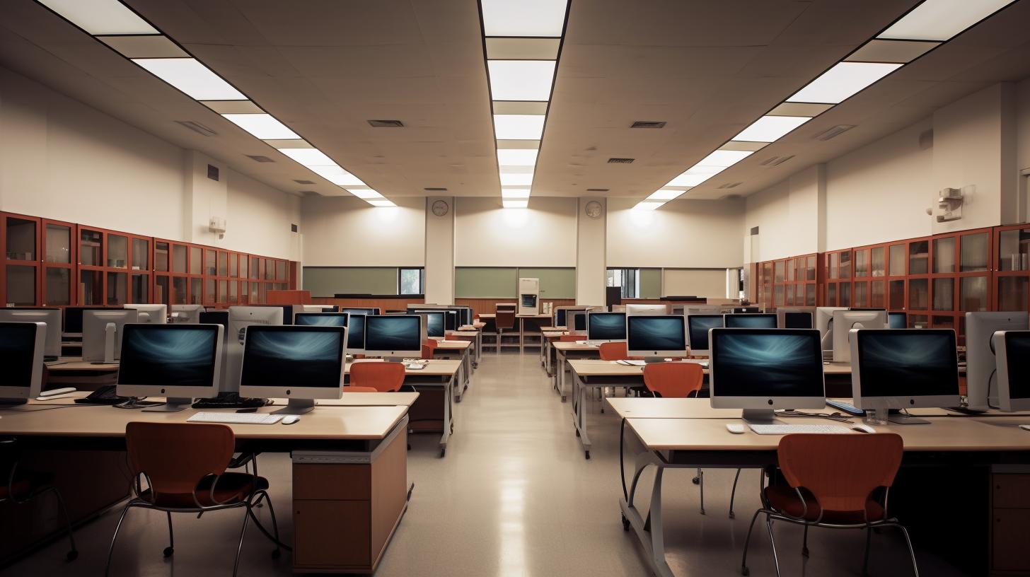 Una sala llena de escritorios de computadora iluminada en tonos contrastantes de naranja claro y verde oscuro, evocando una crítica a la cultura del consumismo, al estilo de la escuela de Vancouver y el artista Noah Bradley.