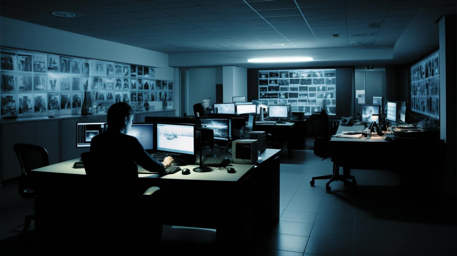 Una persona trabajando en un escritorio durante la noche en una oficina oscura, capturada en un estilo artístico de intrusión mediática, con la estética de una fotografía de National Geographic, evocando la monotonía suburbana, con gráficos similares a los de Xbox 360 y la perspectiva de una cámara de seguridad, en una foto mate con iluminación alta.