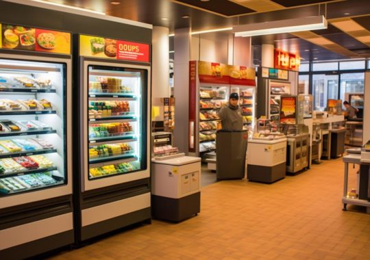 Una tienda de comida rápida con alimentos y bebidas refrigeradas en los mostradores, ambientada en tonos beige oscuro y naranja, con un pasillo moteado en amarillo claro y rojo oscuro, evocando una sensación cálida.