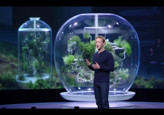 "Facebook presenta su nueva tecnología de biosfera, representada en un estilo minimalista y futurista, con abundancia de vegetación y estructuras bulbosas hechas de vidrio y cerámica."