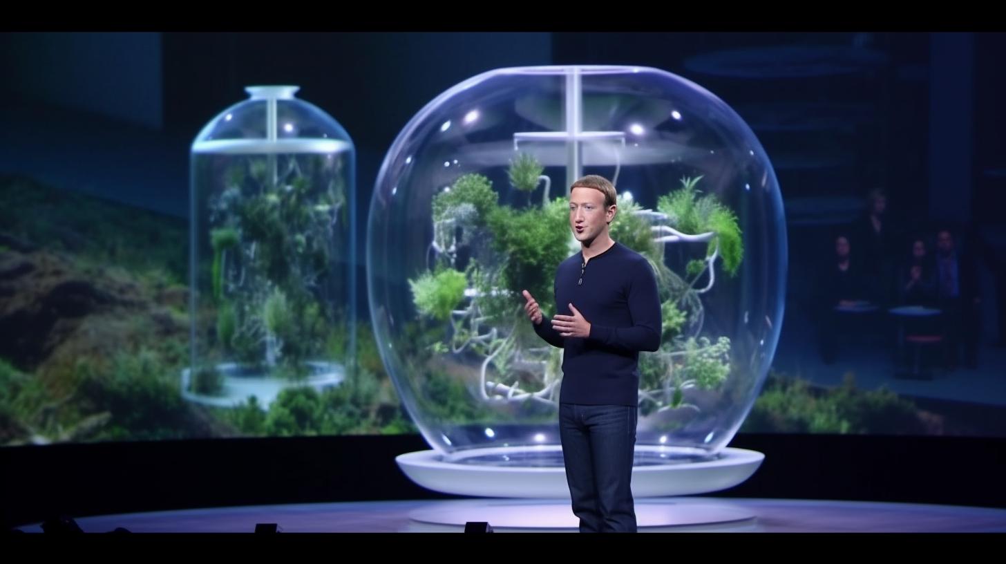 "Facebook presenta su nueva tecnología de biosfera, representada en un estilo minimalista y futurista, con abundancia de vegetación y estructuras bulbosas hechas de vidrio y cerámica."