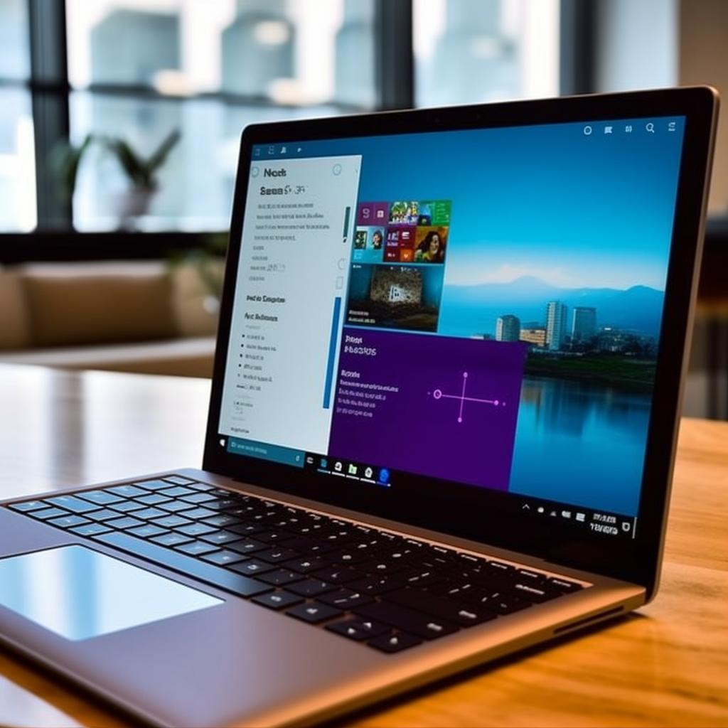 "Una imagen de una laptop mostrando Windows 10, con influencias modernistas, en tonos marrón claro y violeta, con un encanto pastoral y un caos contenido, presentando una estética pixelada y audaz."