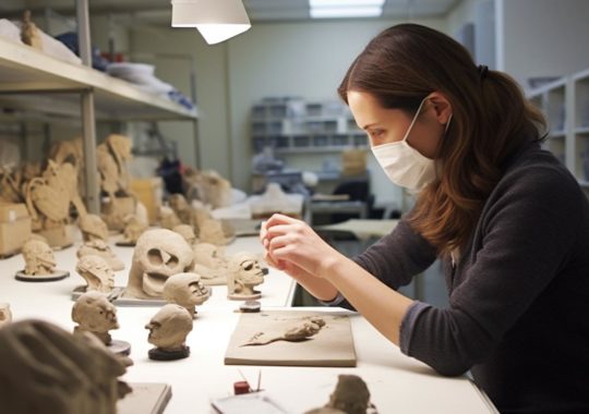 Una mujer trabajando en estatuas de arcilla en un estudio, con un estilo inspirado en ilustraciones científicas y motivos de calaveras, en una atmósfera de academia gris y desconstructiva inspirada en la biología marina.