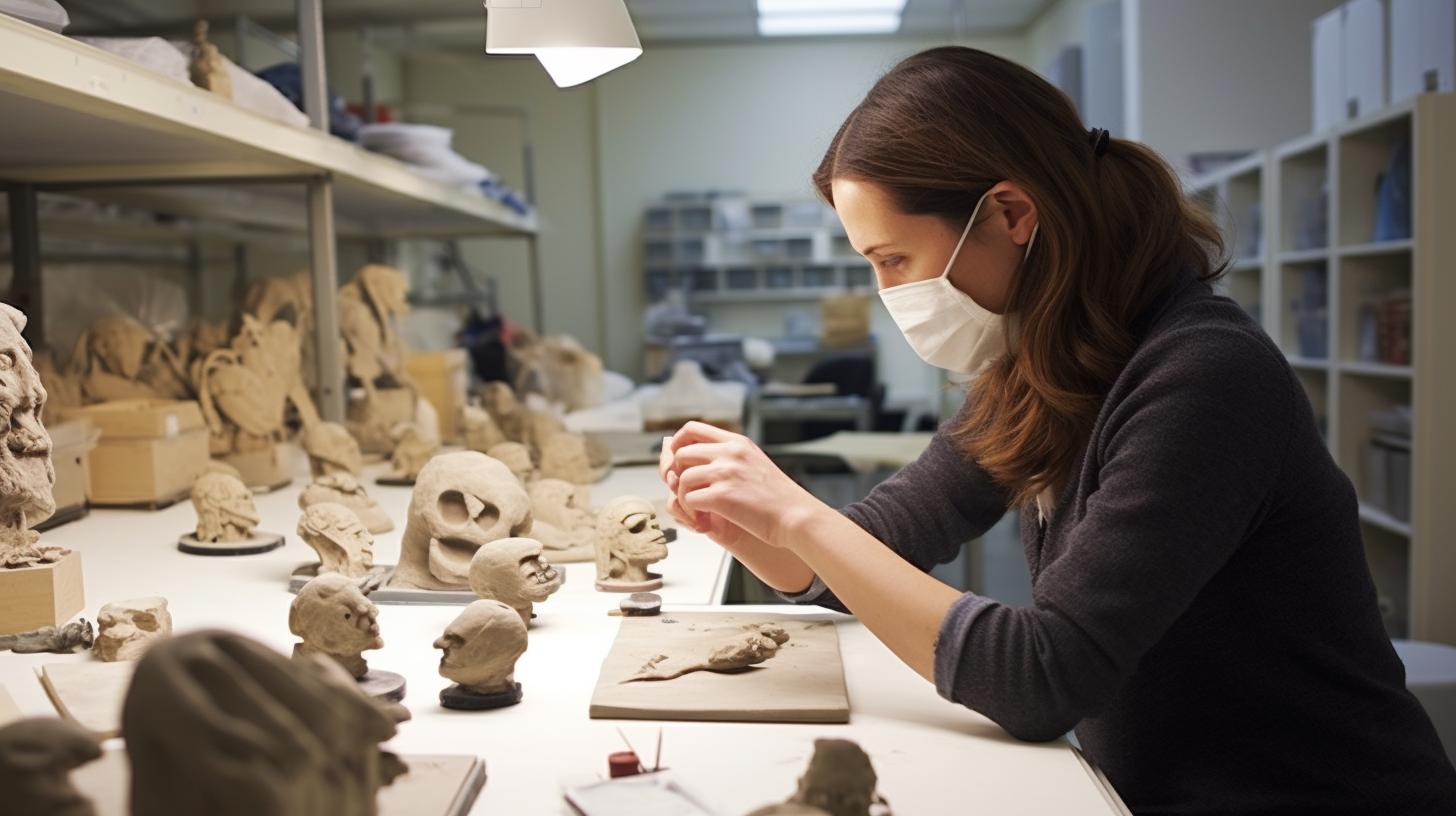 Una mujer trabajando en estatuas de arcilla en un estudio, con un estilo inspirado en ilustraciones científicas y motivos de calaveras, en una atmósfera de academia gris y desconstructiva inspirada en la biología marina.