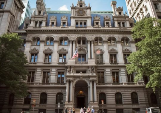 "Imagen de un majestuoso edificio federal y ayuntamiento, inspirado en la vida de la ciudad de Nueva York, con detalles rococó, influencias históricas y un encanto del viejo mundo, en tonos oscuros de bronce y azul oscuro."