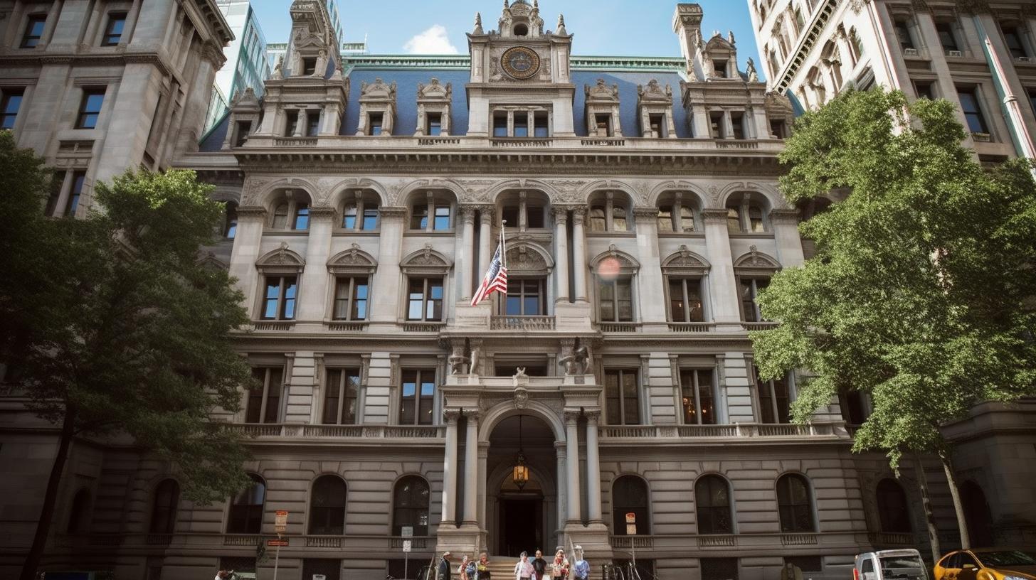 "Imagen de un majestuoso edificio federal y ayuntamiento, inspirado en la vida de la ciudad de Nueva York, con detalles rococó, influencias históricas y un encanto del viejo mundo, en tonos oscuros de bronce y azul oscuro."