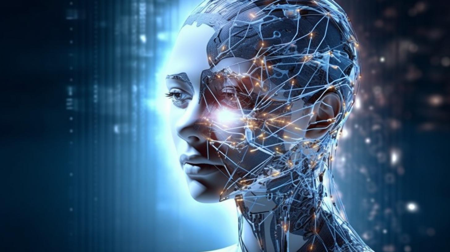 "Representación futurista de la inteligencia artificial superando a los humanos, con rostros serenos en tonos plateados y azul oscuro, influencia del movimiento de precisión y efecto de solarización, inspirado en el estilo de Dod Procter."