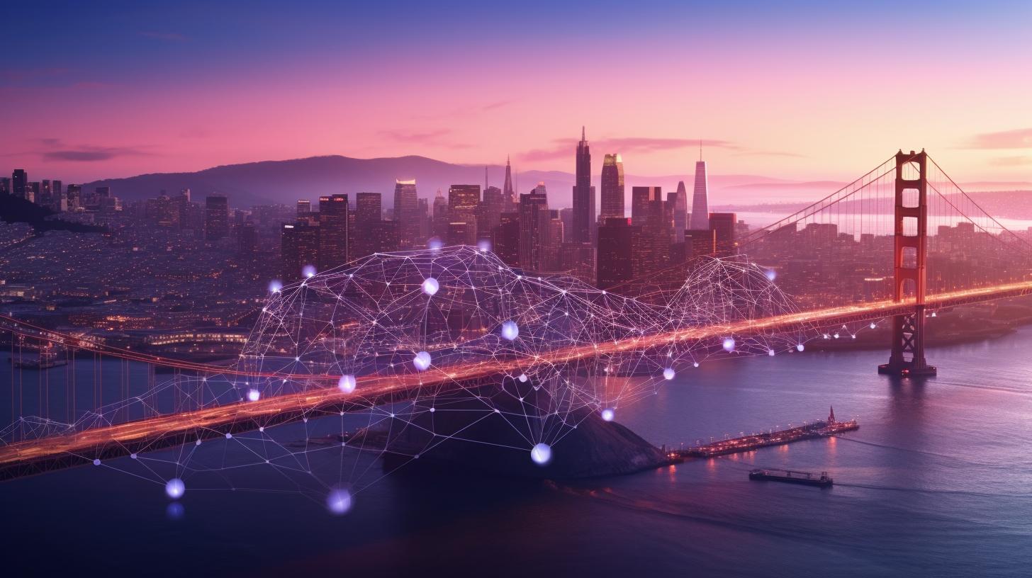 Una representación realista de un paisaje urbano con el puente Golden Gate, rodeado de redes infinitas, en tonos de morado oscuro, rosa, azul cielo claro y naranja claro.