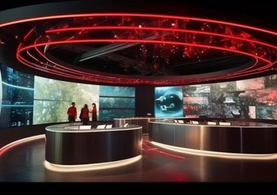 "Una sala amplia con una pared roja y llena de monitores de televisión, iluminada de manera cautivadora, con líneas suaves y curvas, evocando imágenes históricas a través de un estilo de exhibición interactiva en tonos oscuros, plata y rojo, con el vidrio como material predominante."