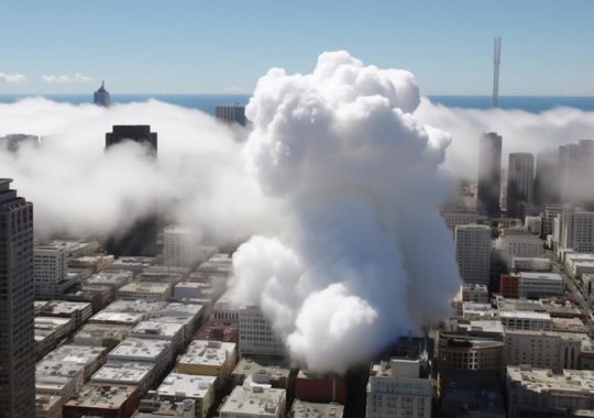 Una enorme nube orgánica y caótica se cierne bajo los edificios, evocando el renacimiento de San Francisco, con un toque de activismo medioambiental y explosiones coloridas.