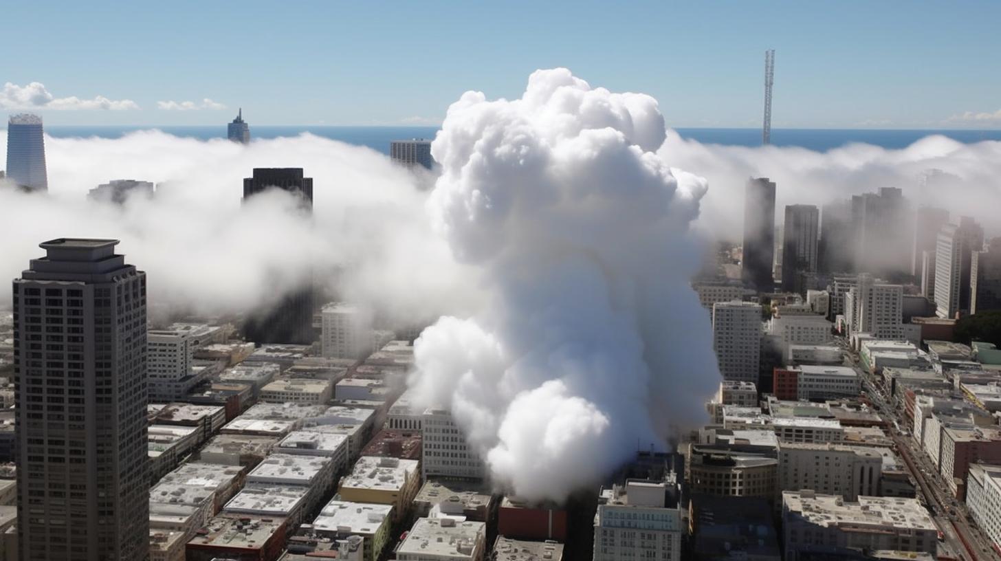 Una enorme nube orgánica y caótica se cierne bajo los edificios, evocando el renacimiento de San Francisco, con un toque de activismo medioambiental y explosiones coloridas.