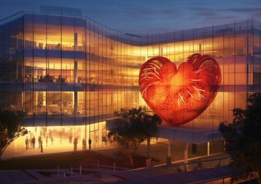 "Una ilustración realista del edificio en forma de corazón de la Universidad de Stanford iluminado por la noche, con hilos rojos que simbolizan el amor y la romance, inspirado en el estilo de Patricia Piccinini y Børge Bredenbekk."