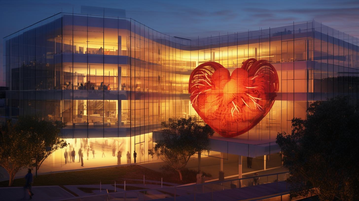 "Una ilustración realista del edificio en forma de corazón de la Universidad de Stanford iluminado por la noche, con hilos rojos que simbolizan el amor y la romance, inspirado en el estilo de Patricia Piccinini y Børge Bredenbekk."