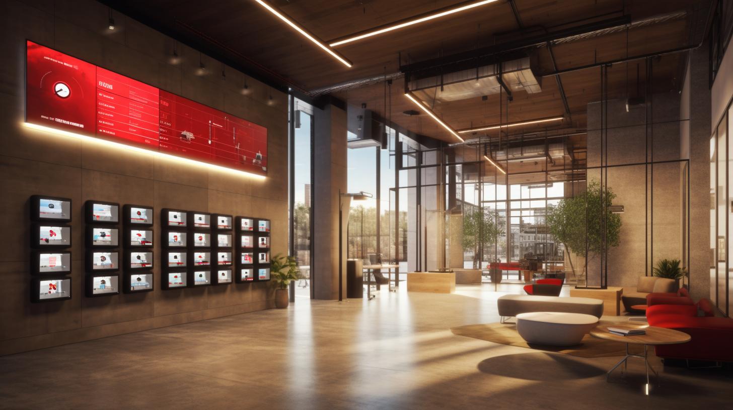 Un edificio de oficinas con múltiples pantallas de televisión, en un ambiente suave y soñador, con una materialidad rústica y tonos de bronce claro y rojo, al estilo del artista Truls Espedal.