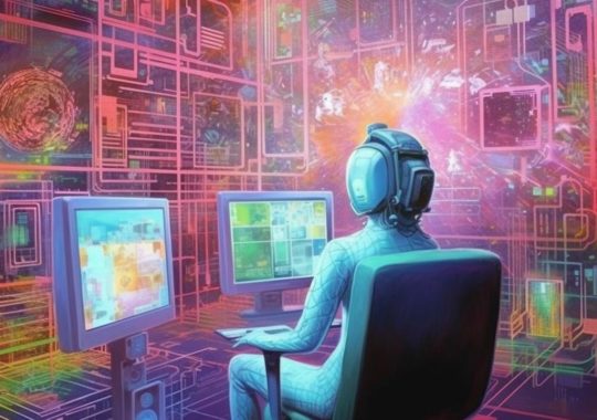 Un hombre sentado frente a múltiples computadoras, retratado en un estilo surrealista vibrante y futurista, con tonos de aguamarina clara y magenta, evocando una sensación de nostalgia realista.