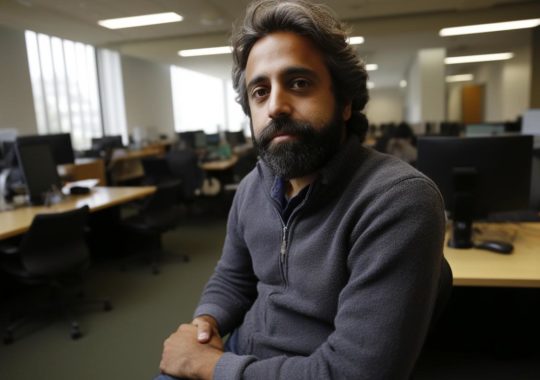 Un hombre barbudo sentado en un escritorio de oficina, capturado en un estilo complejo y multicapa, con tonos oscuros de gris y verde, evocando una sensación de multiculturalismo.