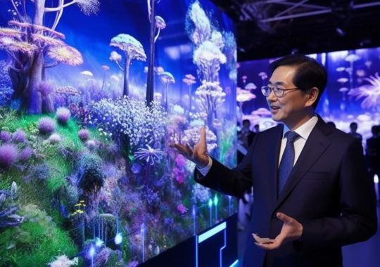 Un hombre vestido con traje y corbata junto a una gran pantalla de visualización, ambientado en un mundo submarino intrincado, con representaciones naturalistas de flora y fauna al estilo de la pintura con pincel chino.
