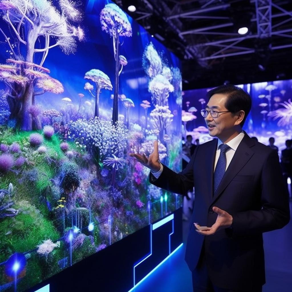 Un hombre vestido con traje y corbata junto a una gran pantalla de visualización, ambientado en un mundo submarino intrincado, con representaciones naturalistas de flora y fauna al estilo de la pintura con pincel chino.