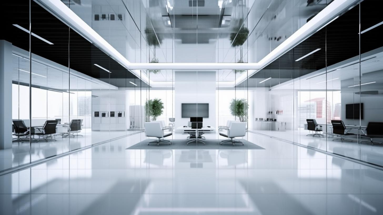 Una oficina futurista en tres dimensiones con escritorios, techos artesonados y paredes blancas, reflejando una serenidad monocromática y un acabado brillante.