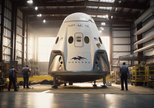 Un cohete de SpaceX ingresando a un hangar, con un estilo que resalta las características exageradas y la precisión artesanal, evocando una atmósfera innovadora y simétrica.