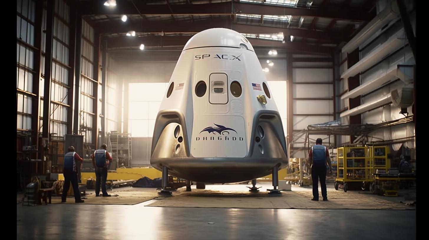 Un cohete de SpaceX ingresando a un hangar, con un estilo que resalta las características exageradas y la precisión artesanal, evocando una atmósfera innovadora y simétrica.