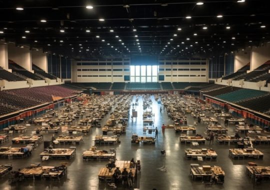 Una sala de convenciones llena en Toronto, procesada en un estilo oscuro y repleta de detalles ocultos.