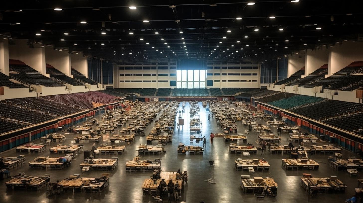 Una sala de convenciones llena en Toronto, procesada en un estilo oscuro y repleta de detalles ocultos.