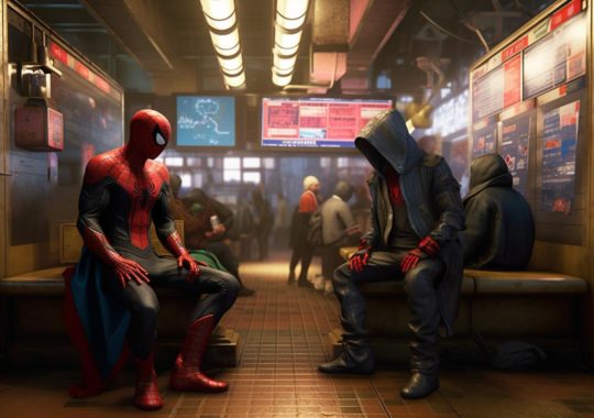 "Spider-Man y un compañero sentados juntos en un metro, representados en un estilo fotorrealista meticuloso, con criaturas escalofriantes y brillantes, en una escena de calle rica e inmersiva de colores amarillo claro y carmesí."