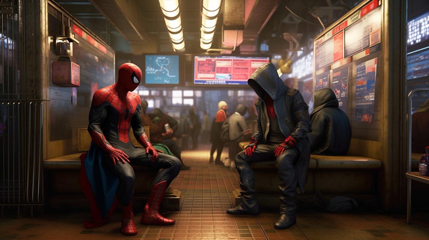 "Spider-Man y un compañero sentados juntos en un metro, representados en un estilo fotorrealista meticuloso, con criaturas escalofriantes y brillantes, en una escena de calle rica e inmersiva de colores amarillo claro y carmesí."