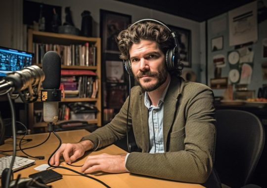 Un hombre con auriculares hablando en un micrófono de radio, en un retrato clásico con tonos marrones claros y verde azulado, evocando una atmósfera académica y literaria.