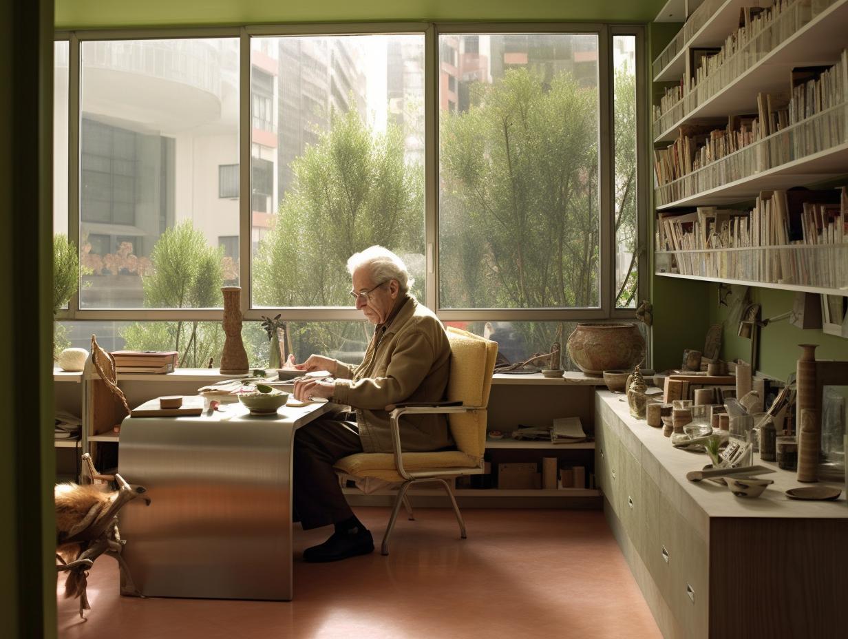 Un hombre sentado en un escritorio, rodeado de un ambiente tranquilo y naturalista, con elementos inspirados en el movimiento Dada y figuras a tamaño real que evocan la estética de la transavanguardia.