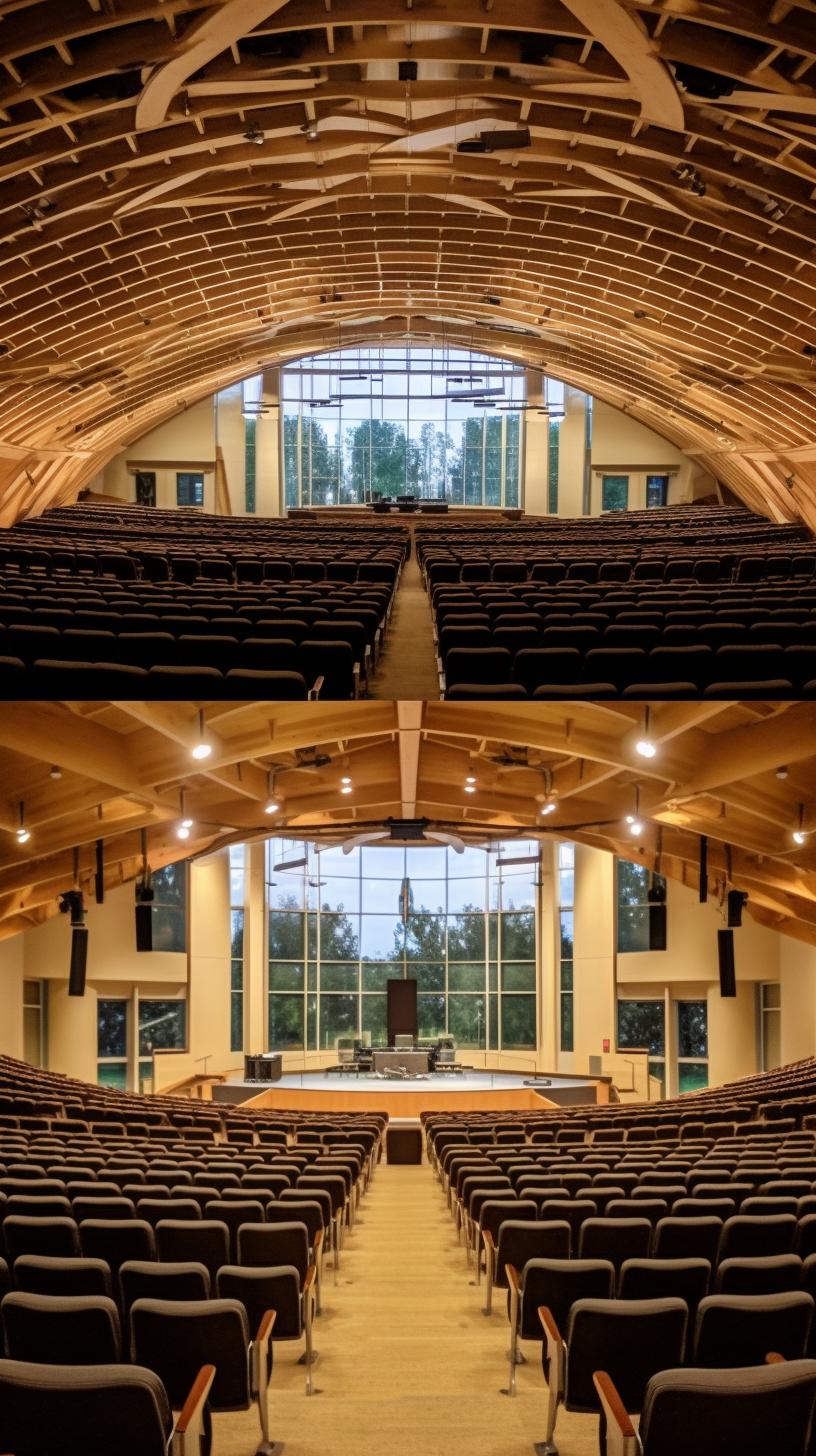 "Imágenes de un amplio auditorio con detalles de artesanía ecológica, simetría equilibrada y construcción modular, ambientado en un entorno pastoral con madera curvada y sonido THX."