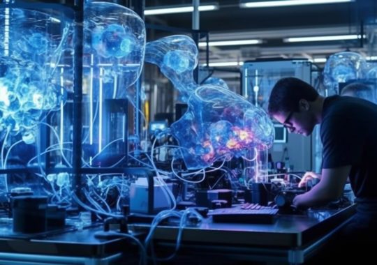 Un hombre laborando en una fábrica iluminada por lámparas estroboscópicas, evocando un mundo submarino complejo en tonos de azul oscuro y aguamarina claro, con elementos de anatomía realista y academia queer, en un ambiente que recuerda a las reacciones químicas y la estética magewave.