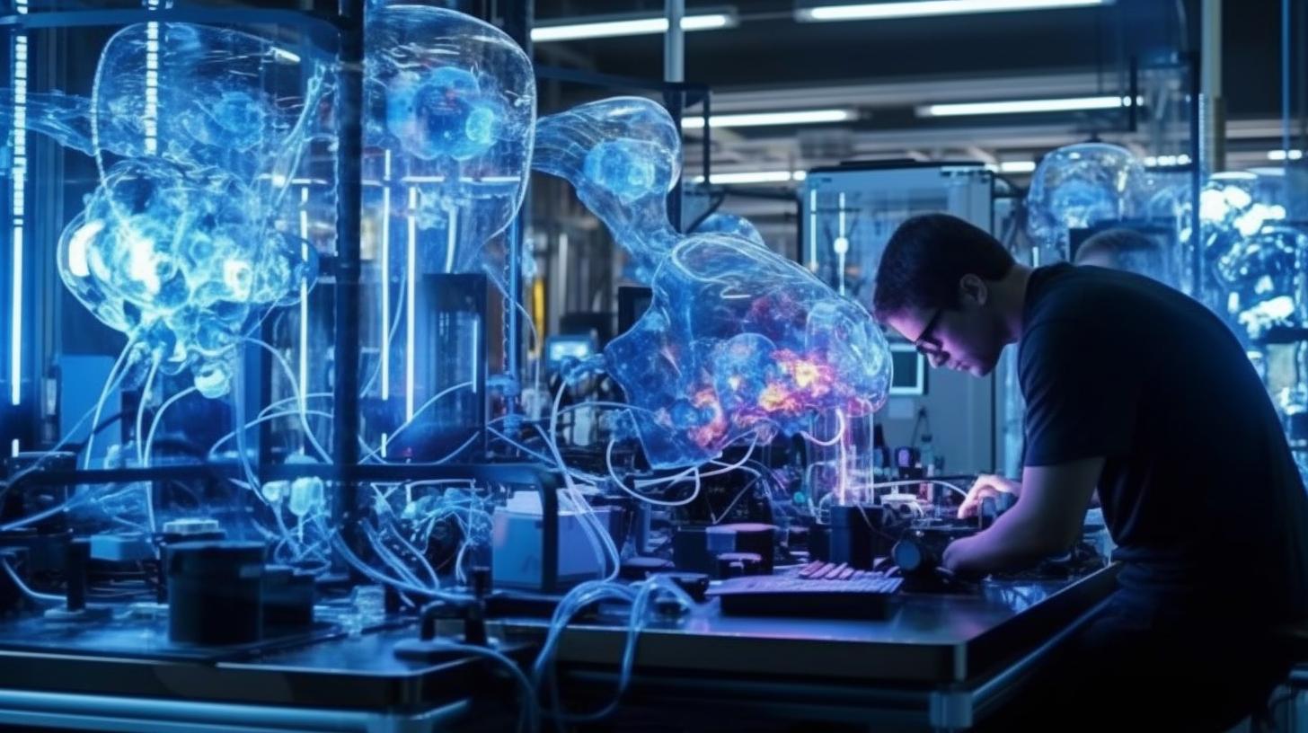 Un hombre laborando en una fábrica iluminada por lámparas estroboscópicas, evocando un mundo submarino complejo en tonos de azul oscuro y aguamarina claro, con elementos de anatomía realista y academia queer, en un ambiente que recuerda a las reacciones químicas y la estética magewave.