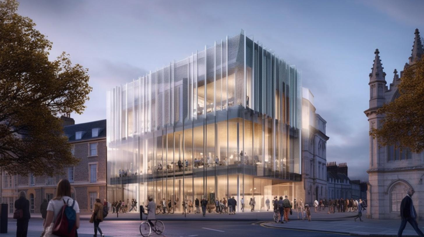 La nueva edificación de la Universidad de Oxford presenta una imponente fachada de vidrio, inspirada en el teatro Kabuki, con una iluminación atmosférica y un movimiento animado, en tonos plateados y beige, evocando el estilo de los artistas Fernand Khnopff, Danh Võ y Gediminas Pranckevicius.