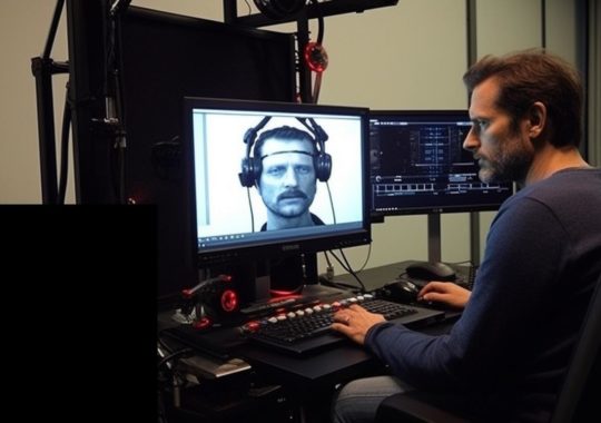 Un hombre con auriculares utiliza dos monitores de computadora, en un estilo que recuerda a las imágenes térmicas y precisas, con un toque suave y documental, evocando a Rubens y la transavanguardia.