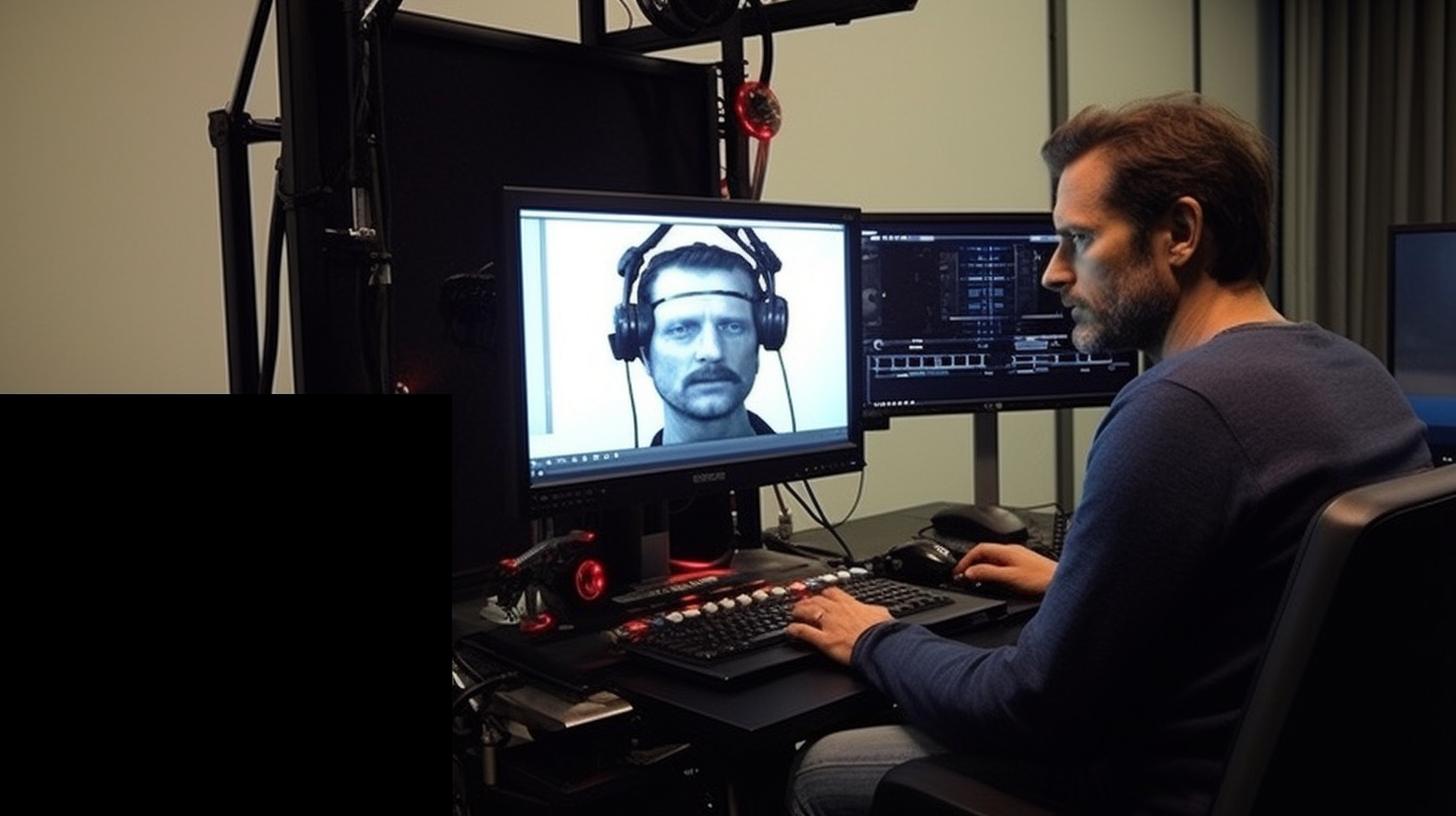 Un hombre con auriculares utiliza dos monitores de computadora, en un estilo que recuerda a las imágenes térmicas y precisas, con un toque suave y documental, evocando a Rubens y la transavanguardia.