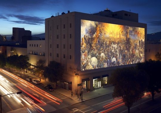 "Una proyección a gran escala de una pintura en movimiento de El Gran Gatsby en un edificio, con un estilo que recuerda a la iconografía bíblica, reinterpretaciones históricas y detalladas escenas de caza, evocando el Renacimiento de San Francisco y la fotografía de guerra, en tonos grises claros y ámbar oscuro."