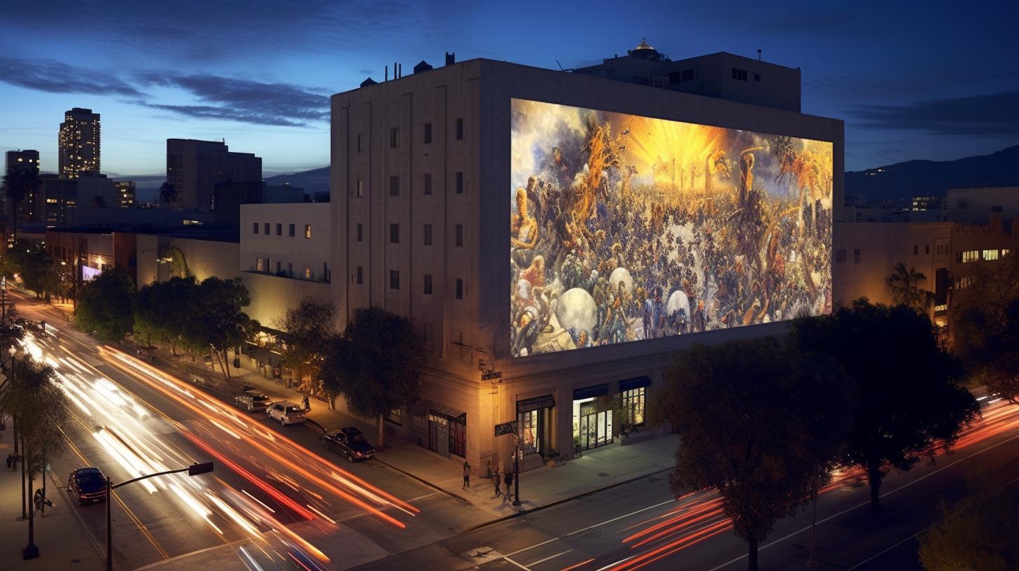 "Una proyección a gran escala de una pintura en movimiento de El Gran Gatsby en un edificio, con un estilo que recuerda a la iconografía bíblica, reinterpretaciones históricas y detalladas escenas de caza, evocando el Renacimiento de San Francisco y la fotografía de guerra, en tonos grises claros y ámbar oscuro."