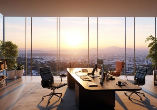 Una oficina lujosa con sillas, bañada en una luz dorada, con una vista panorámica de la ciudad y montañas al fondo, capturada desde un ángulo alto y representada de manera fotorrealista.