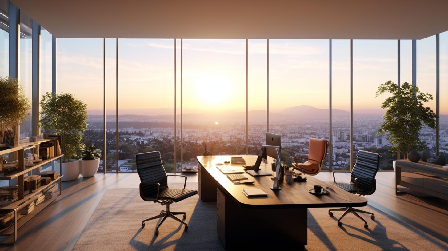 Una oficina lujosa con sillas, bañada en una luz dorada, con una vista panorámica de la ciudad y montañas al fondo, capturada desde un ángulo alto y representada de manera fotorrealista.