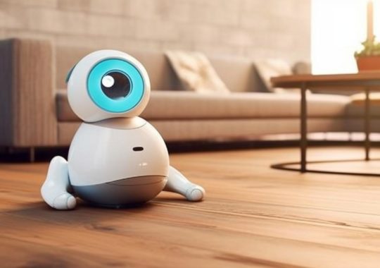 Un robot electrónico se encuentra sentado en un suelo de madera, rodeado de un ambiente animado y envolvente con formas suaves y redondeadas, en tonos beige claro y azul verdoso.